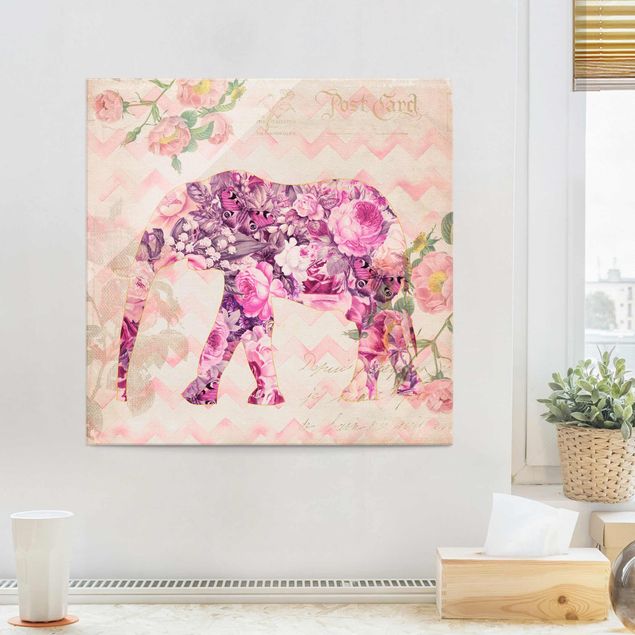Glasbilleder roser Vintage Collage - Pink Flowers Elephant