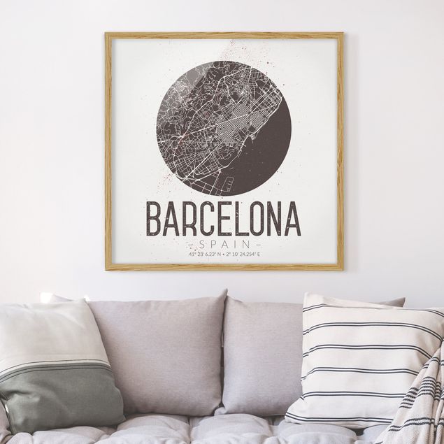 Indrammede plakater sort og hvid Barcelona City Map - Retro