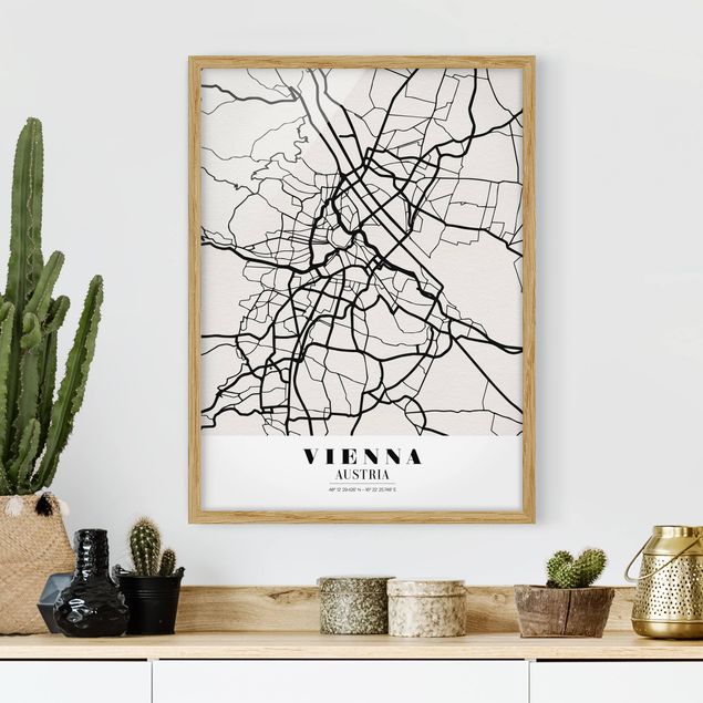 Indrammede plakater sort og hvid Vienna City Map - Classic