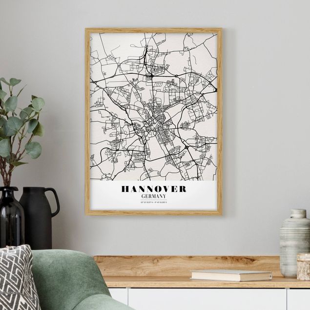Indrammede plakater sort og hvid Hannover City Map - Classic