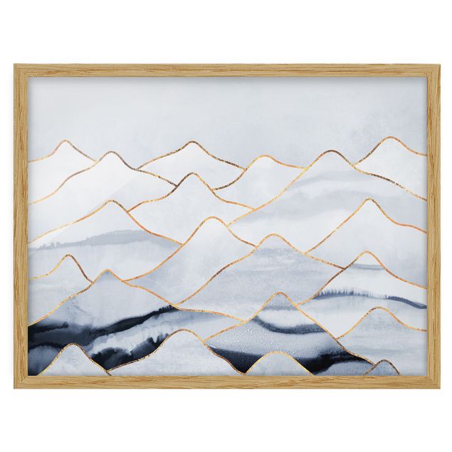 Indrammede plakater landskaber Watercolour Mountains White Gold