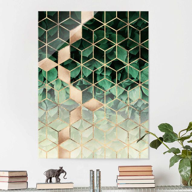 Glas magnettavla Green Leaves Golden Geometry