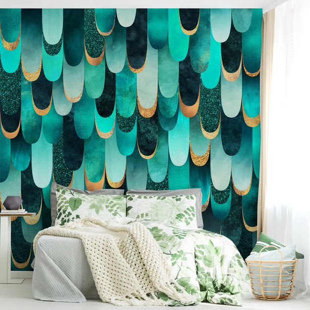 Tapet moderne Feathers Gold Turquoise