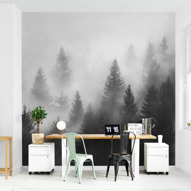 køkken dekorationer Coniferous Forest In The Fog Black And White