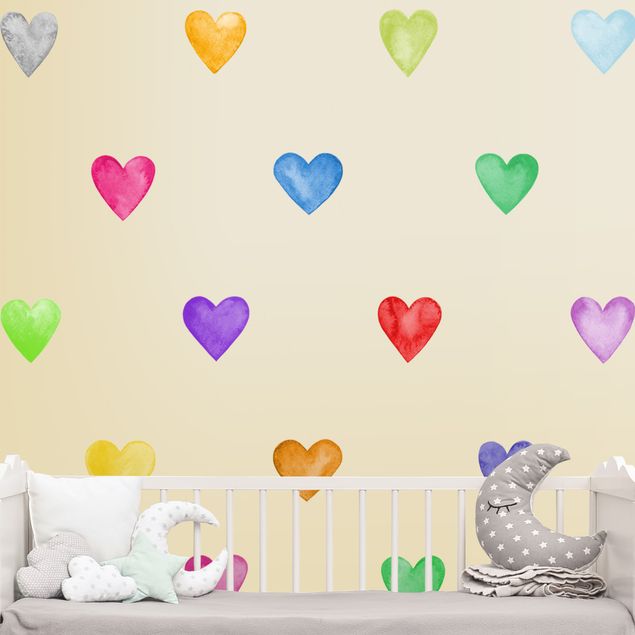Wallstickers kære 35 Watercolour Hearts Different Colours