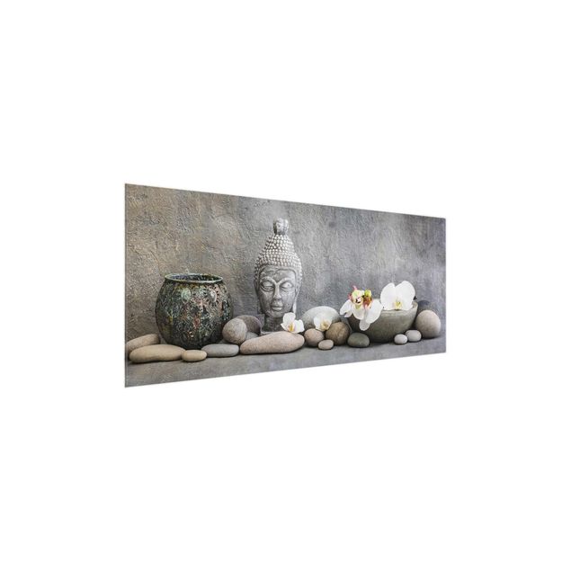 Glasbilleder spirituelt Zen Buddha With White Orchids
