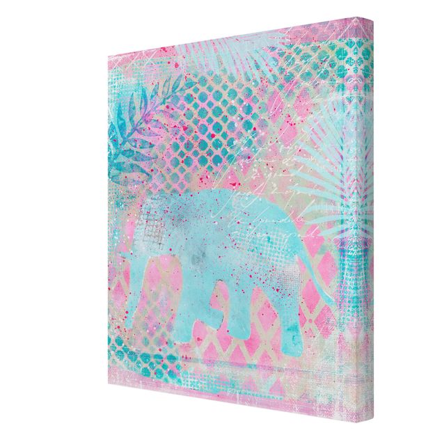 Billeder blomster Colourful Collage - Elephant In Blue And Pink