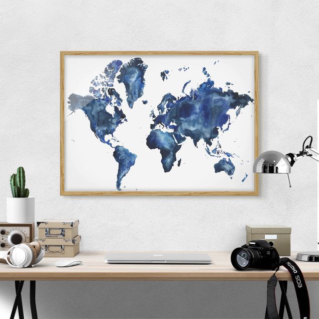 Indrammede plakater verdenskort Water World Map Light