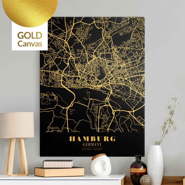 Billeder på lærred arkitektur og skyline Hamburg City Map - Classic Black
