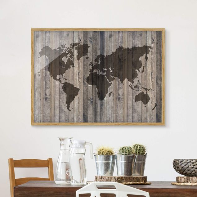 Indrammede plakater verdenskort Wood World Map