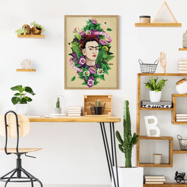 Indrammede plakater blomster Frida Kahlo - Frida, Monkey And Parrot