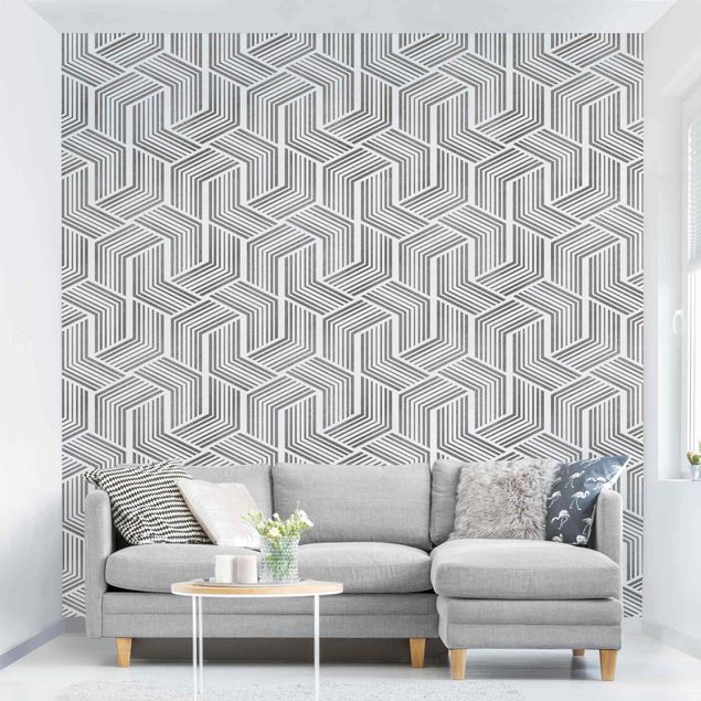 Geometrisk tapet 3D Pattern With Stripes In Silver