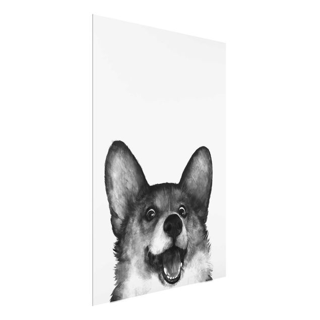 Glasbilleder sort og hvid Illustration Dog Corgi Black And White Painting