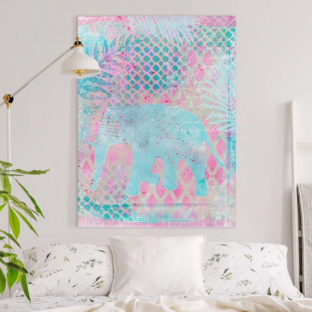 Billeder på lærred elefanter Colourful Collage - Elephant In Blue And Pink