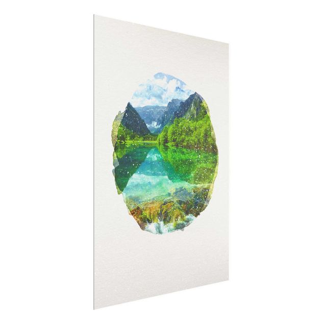 Glasbilleder landskaber WaterColours - Mountain Lake With Mirroring