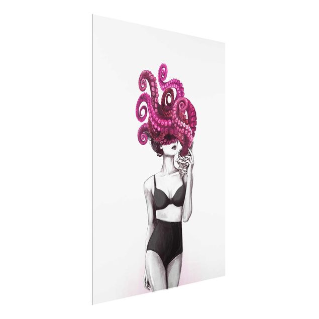 Glasbilleder nøgen og erotik Illustration Woman In Underwear Black And White Octopus