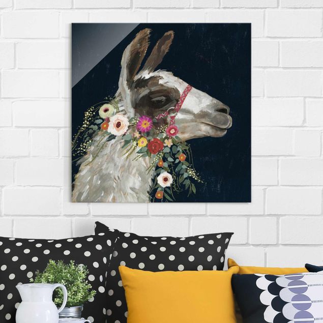 Glasbilleder dyr Lama With Floral Decoration I