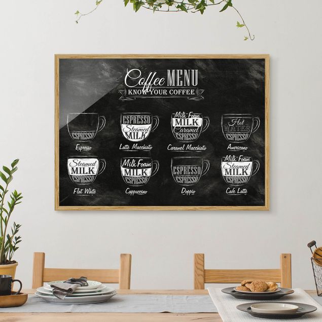 Indrammede plakater sort og hvid Coffee Varieties Chalkboard
