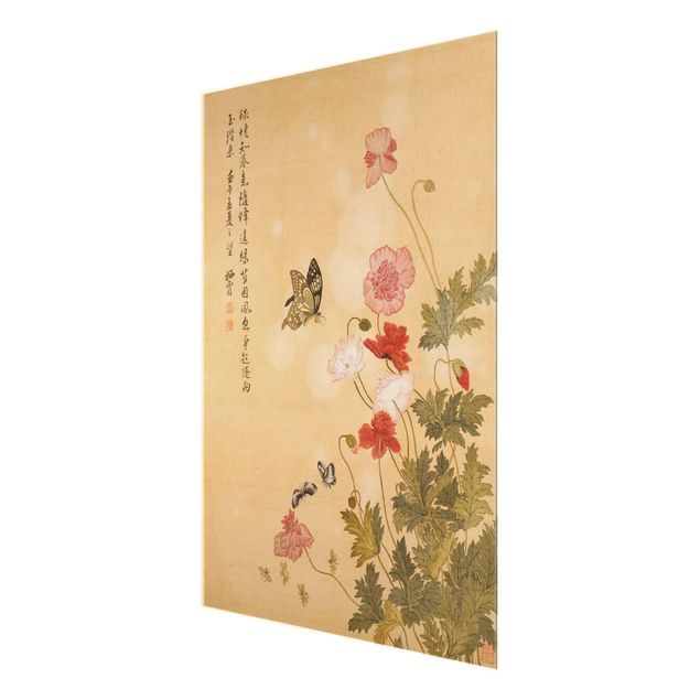 Glasbilleder blomster Yuanyu Ma - Poppy Flower And Butterfly