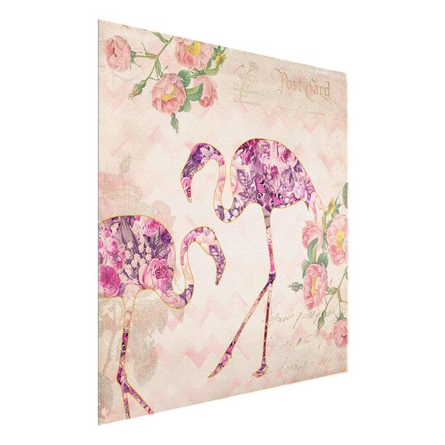 Glasbilleder blomster Vintage Collage - Pink Flowers Flamingos