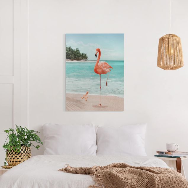Billeder på lærred fugle Beach With Flamingo