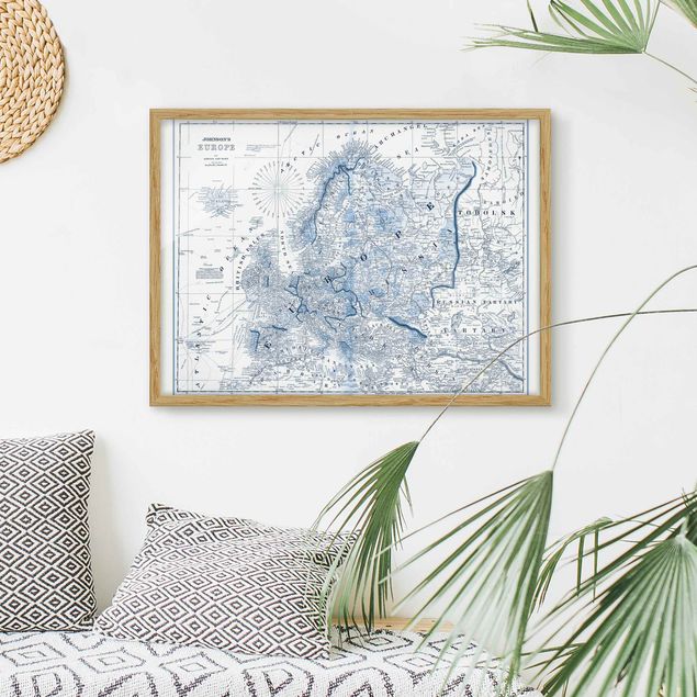 Indrammede plakater verdenskort Map In Blue Tones - Europe