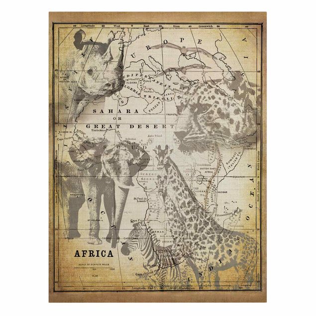 Billeder på lærred verdenskort Vintage Collage - Africa Wildlife