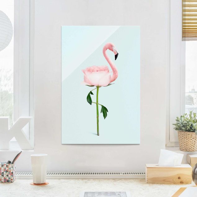 Glasbilleder roser Flamingo With Rose