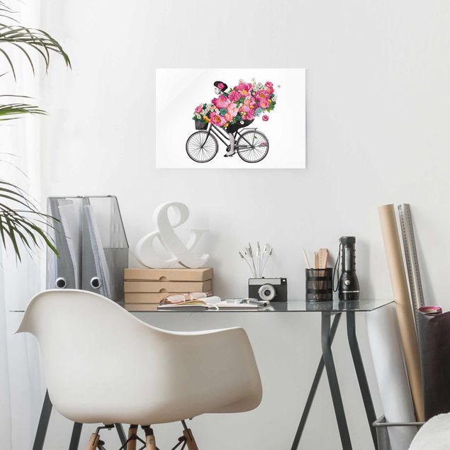 Glasbilleder blomster Illustration Woman On Bicycle Collage Colourful Flowers