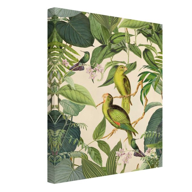Billeder på lærred blomster Vintage Collage - Parrots In The Jungle