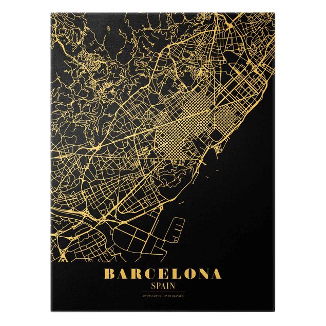 Billeder på lærred guld Barcelona City Map - Classic Black