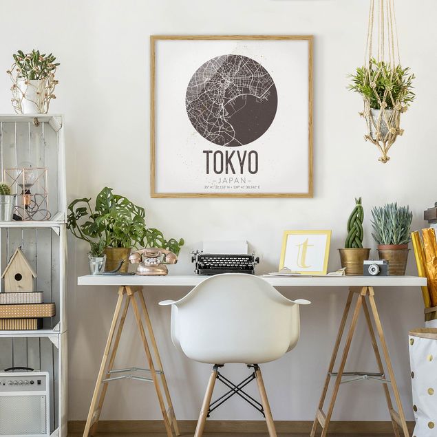 Indrammede plakater sort og hvid Tokyo City Map - Retro