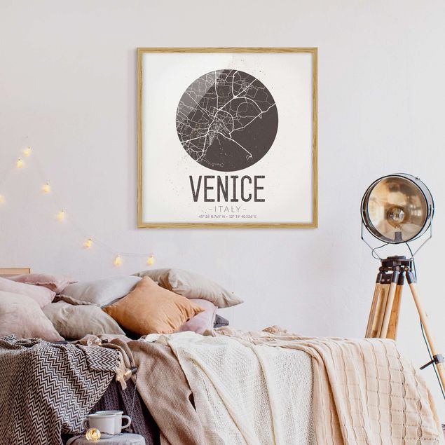Indrammede plakater sort og hvid Venice City Map - Retro