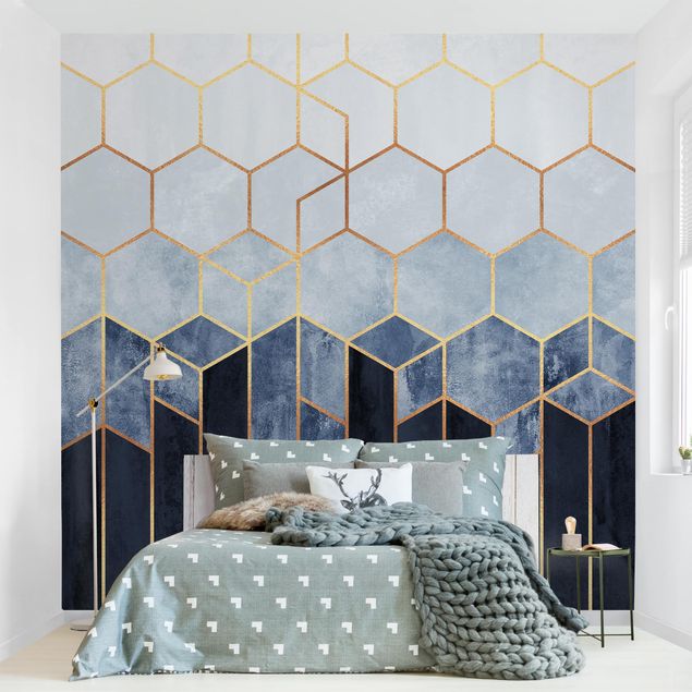 Tapet geometrisk Golden Hexagons Blue White