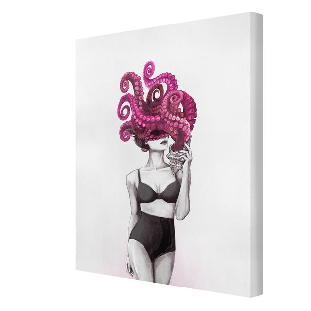 Billeder på lærred sort og hvid Illustration Woman In Underwear Black And White Octopus