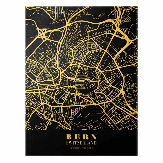 Billeder på lærred guld Bern City Map - Classic Black