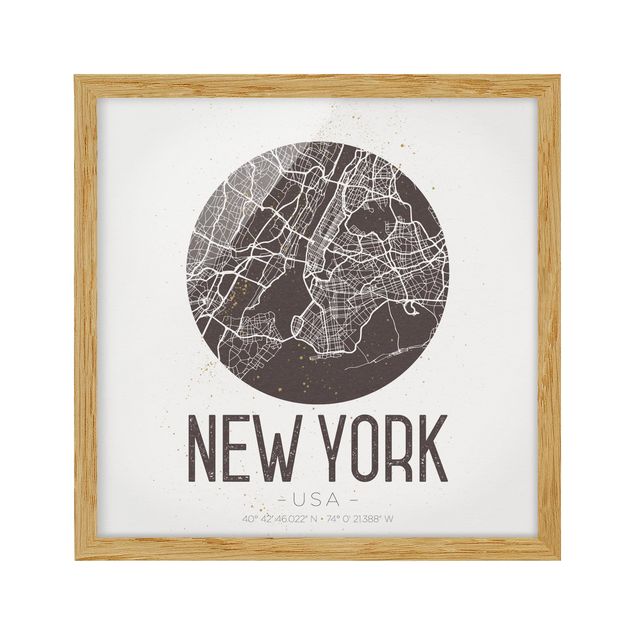 Indrammede plakater verdenskort New York City Map - Retro