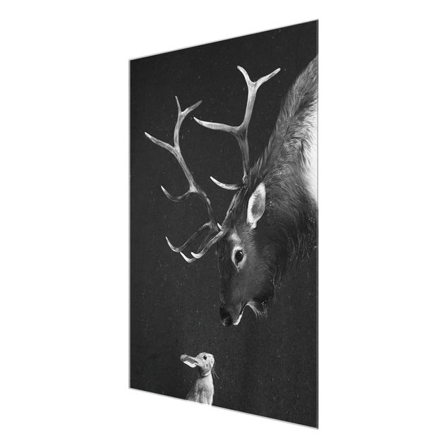 Glasbilleder dyr Illustration Deer And Rabbit Black And White Drawing