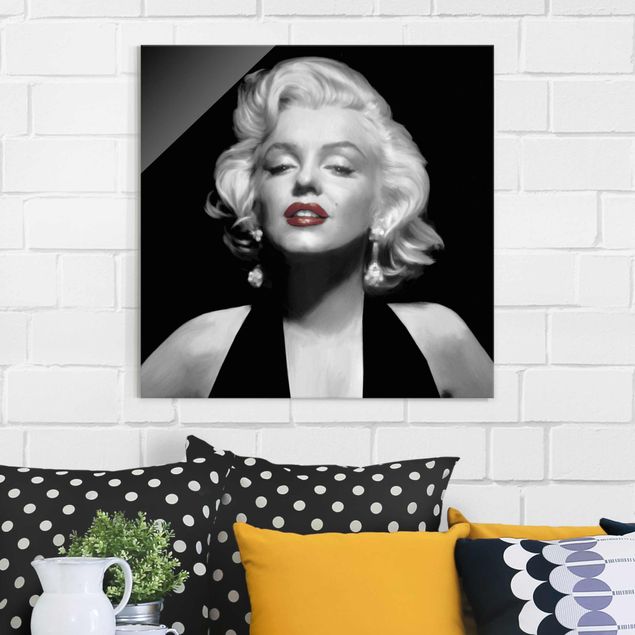 Glasbilleder sort og hvid Marilyn With Red Lips