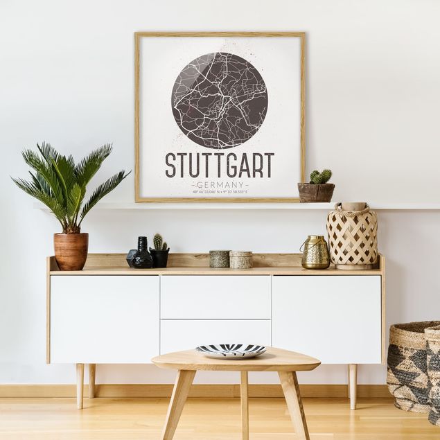 Indrammede plakater verdenskort Stuttgart City Map - Retro