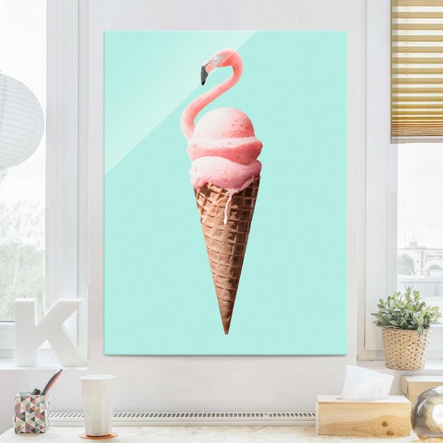 Glas magnettavla Ice Cream Cone With Flamingo