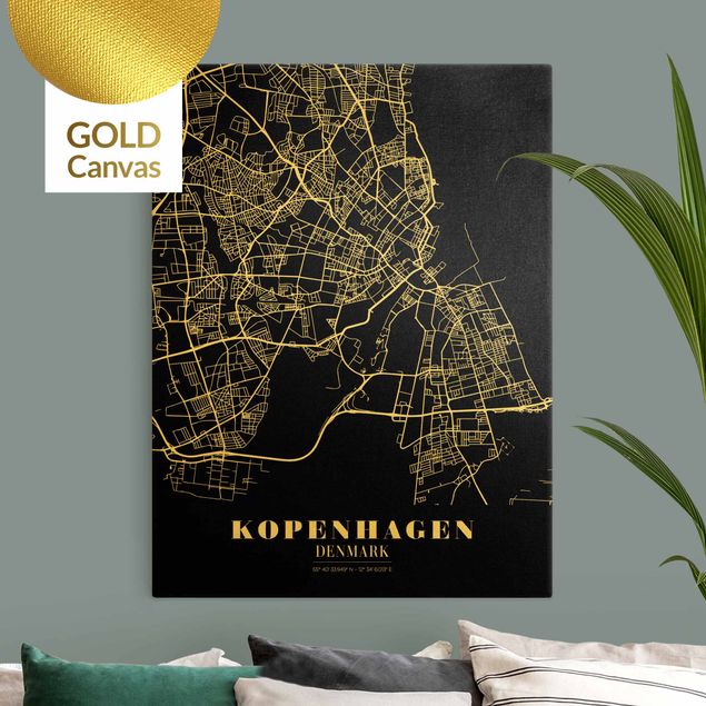 Billeder på lærred verdenskort Copenhagen City Map - Classic Black