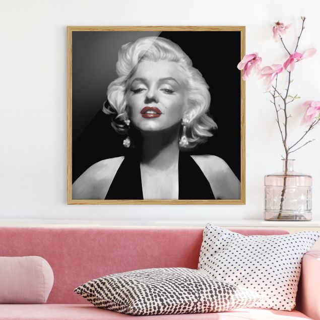 Indrammede plakater sort og hvid Marilyn With Red Lips