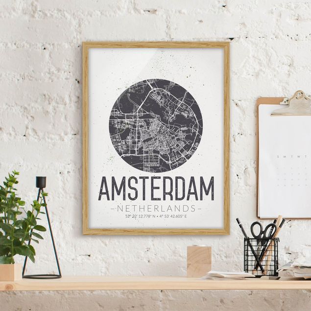 Indrammede plakater sort og hvid Amsterdam City Map - Retro