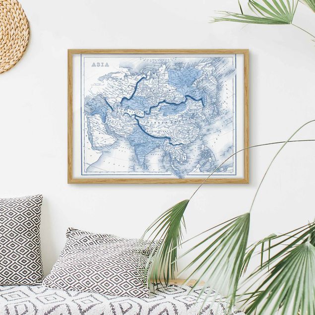 Indrammede plakater verdenskort Map In Blue Tones - Asia