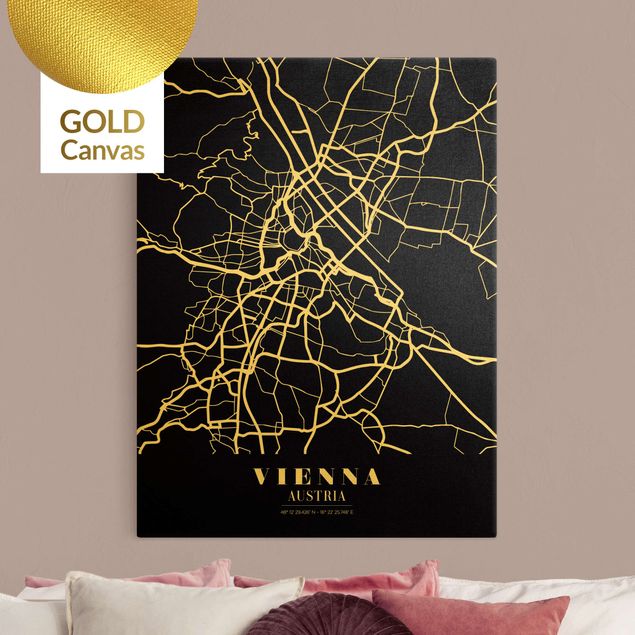 Billeder på lærred verdenskort Vienna City Map - Classic Black