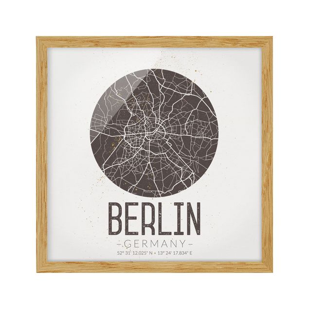 Indrammede plakater verdenskort City Map Berlin - Retro