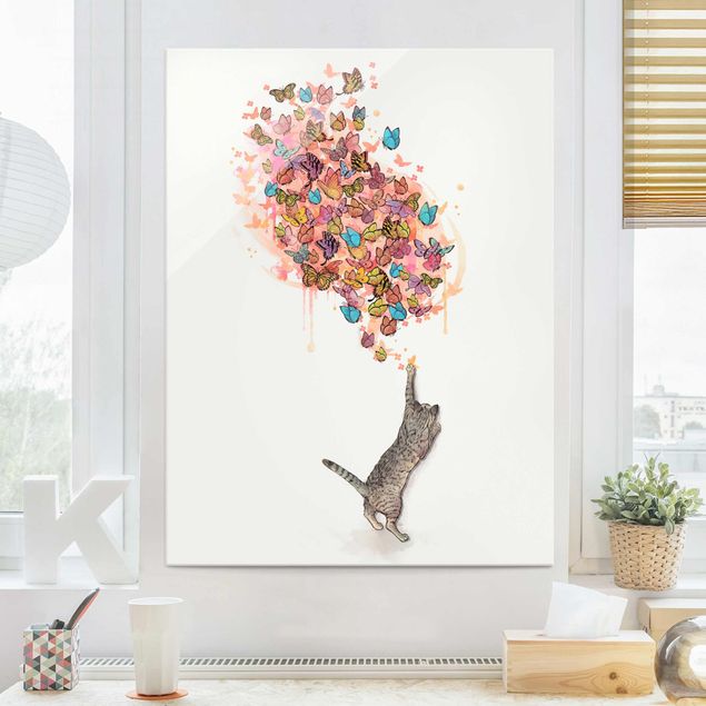 Billeder Laura Graves Art Illustration Cat With Colourful Butterflies Painting