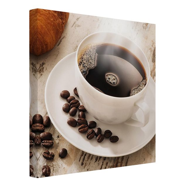 Billeder på lærred kaffe Steaming coffee cup with coffee beans