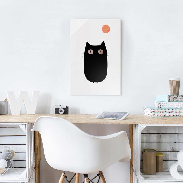 Glasbilleder sort og hvid Black Cat Illustration